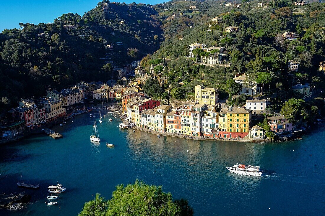 The bay of Portofino seen from Castello Brown, Genova, Liguria, Italy, Europe.