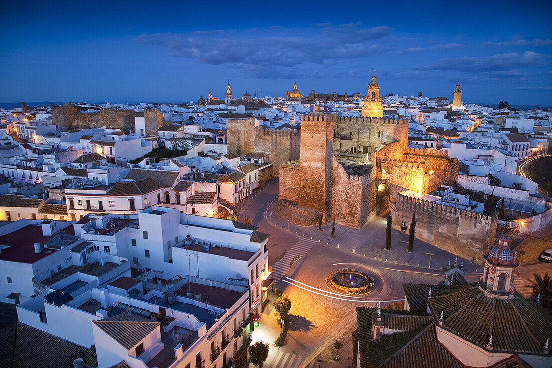 View of the Alcazar of Door of Seville from the bell tower of the Church of St Peter. Carmona, Seville, Andalusia, Spain, Europe.