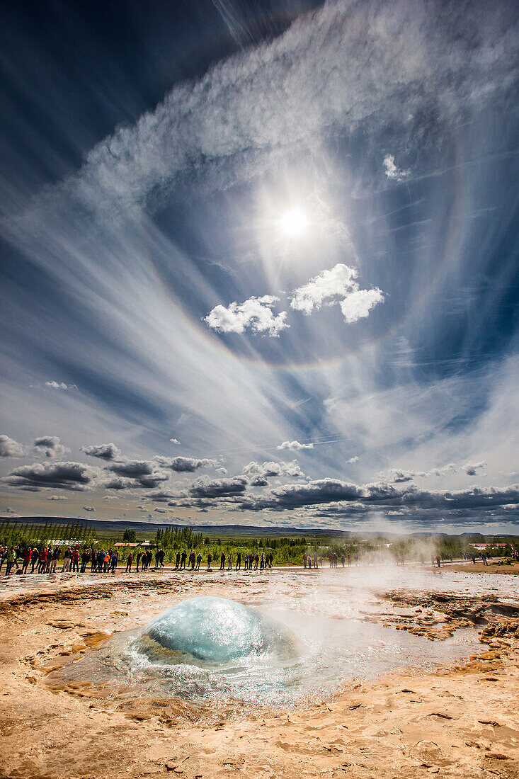 Strokkur geyser about to erupt, Iceland.