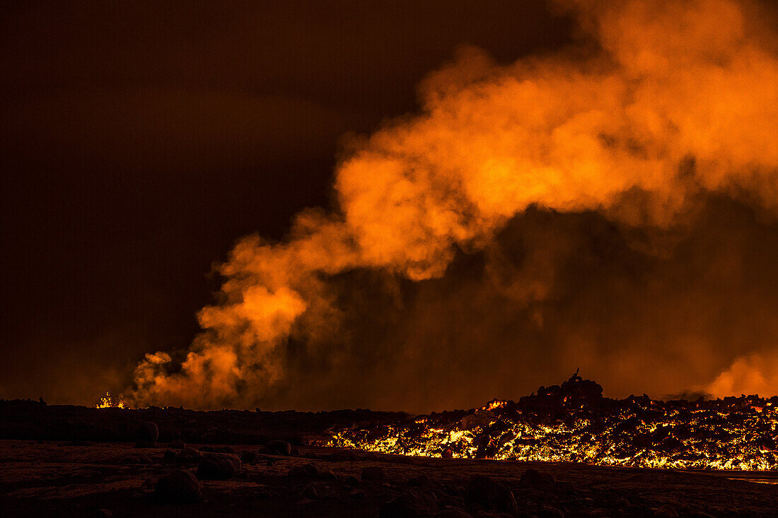 Lava fountains at night, eruption at the Holuhraun Fissure, near the Bardarbunga Volcano, Iceland.