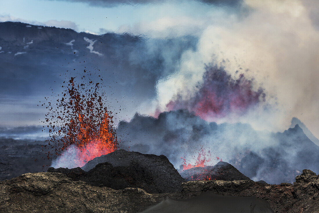 Volcano Eruption at the Holuhraun Fissure near Bardarbunga Volcano, Iceland. August 29, 2014 a fissure eruption started in Holuhraun at the northern end of a magma intrusion, which had moved progressively north, from the Bardarbunga volcano. Bardarbunga i