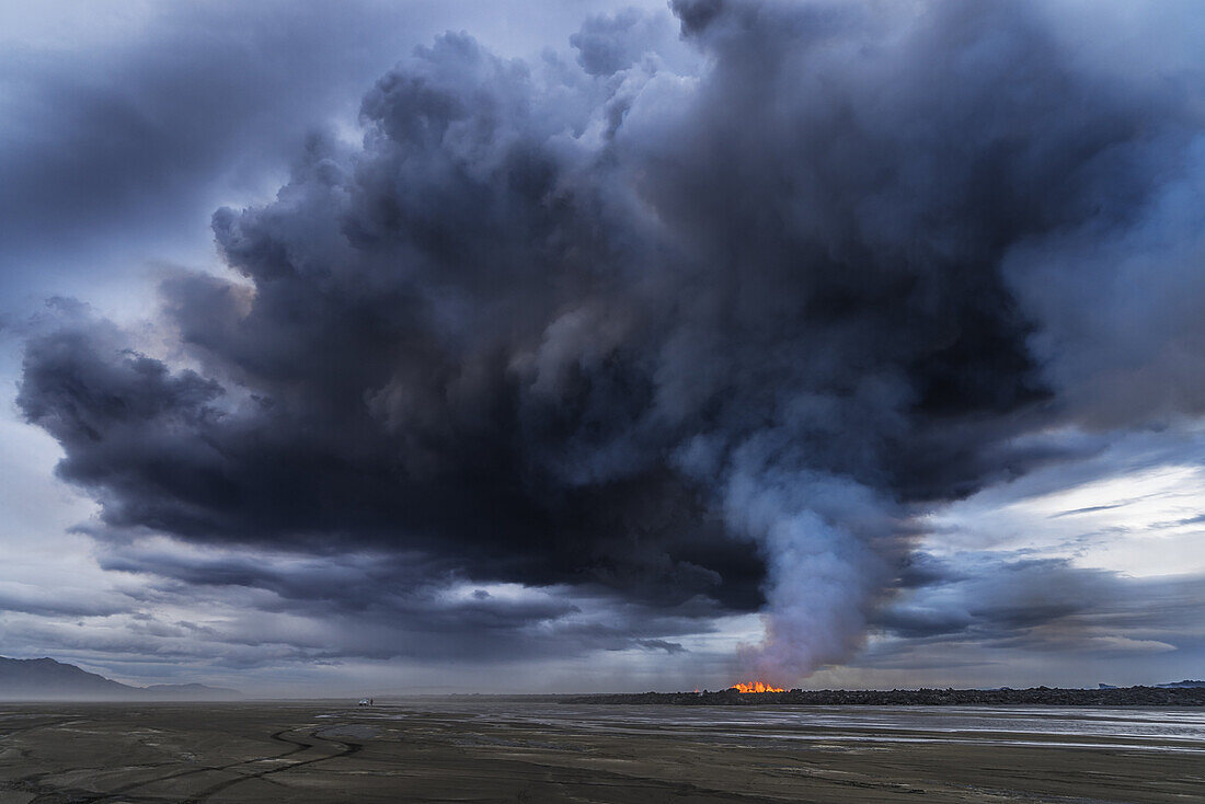 Volcanic Plumes with toxic gases, Holuhraun Fissure Eruption, Iceland. August 29, 2014 a fissure eruption started in Holuhraun at the northern end of a magma intrusion, which had moved progressively north, from the Bardarbunga volcano. Bardarbunga is a st