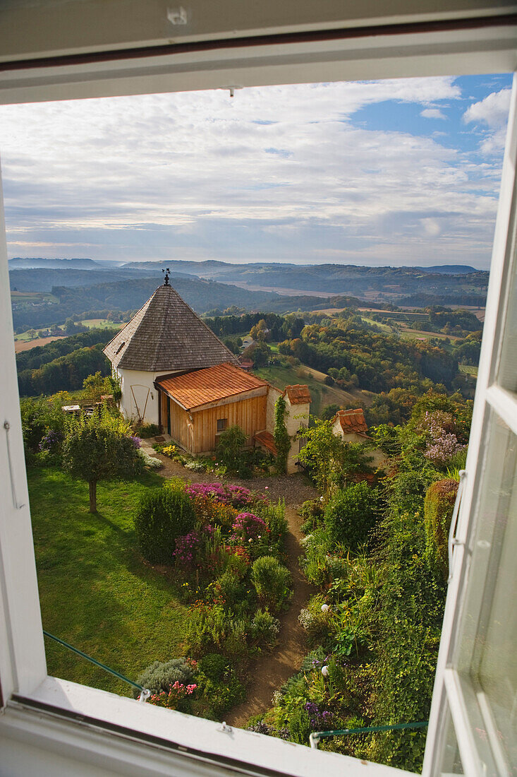View from a room of Kapfenstein castle hotel, Styria vulcano region