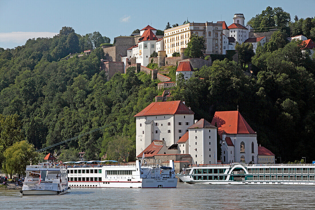View over Danube river to Oberhaus fortification, Passau, Lower Bavaria