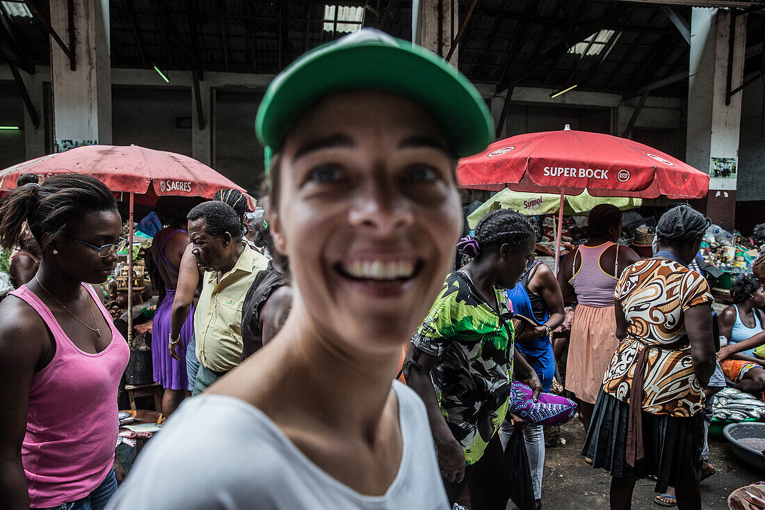 Young woman on a public marketplace, Sao Tome, Sao Tome and Príncipe, Africa