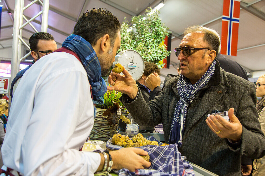 weighing white truffles at the Alba Truffle Fair, Market, scales, Alba, Piedmont, gourmet, luxury, Cuneo, Italy