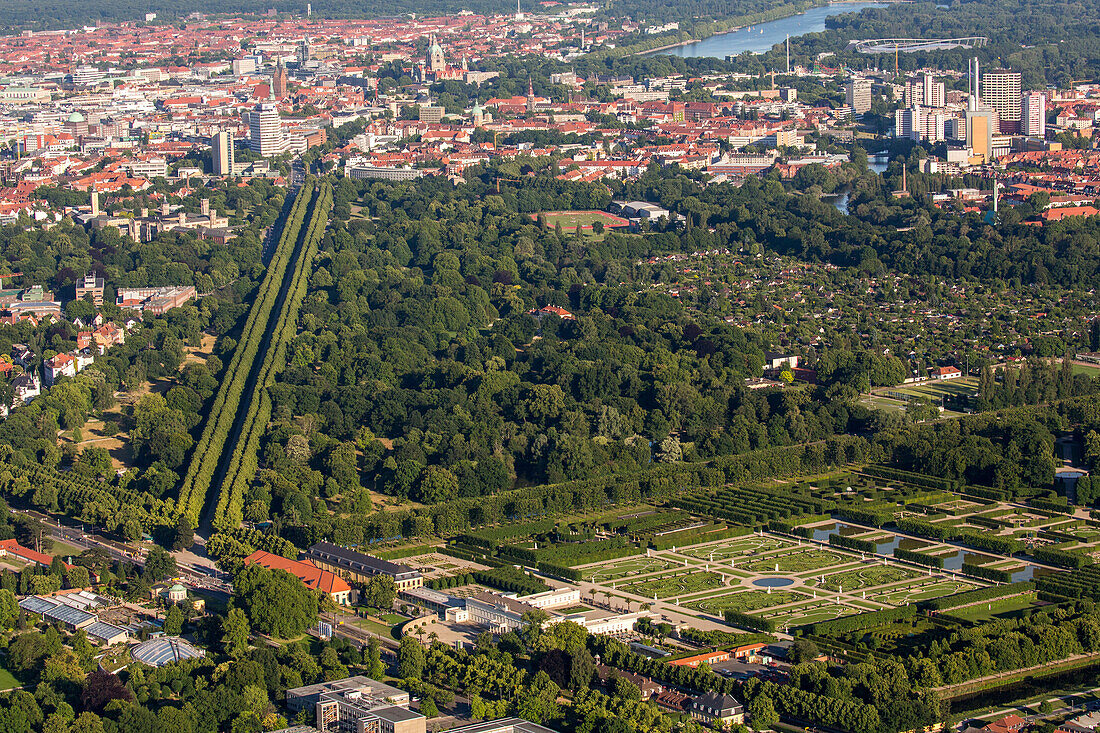 aerial, Herrenhausen Gardens, palace,  avenue,  allotments, city, Hannover, Lower Saxony, Germany