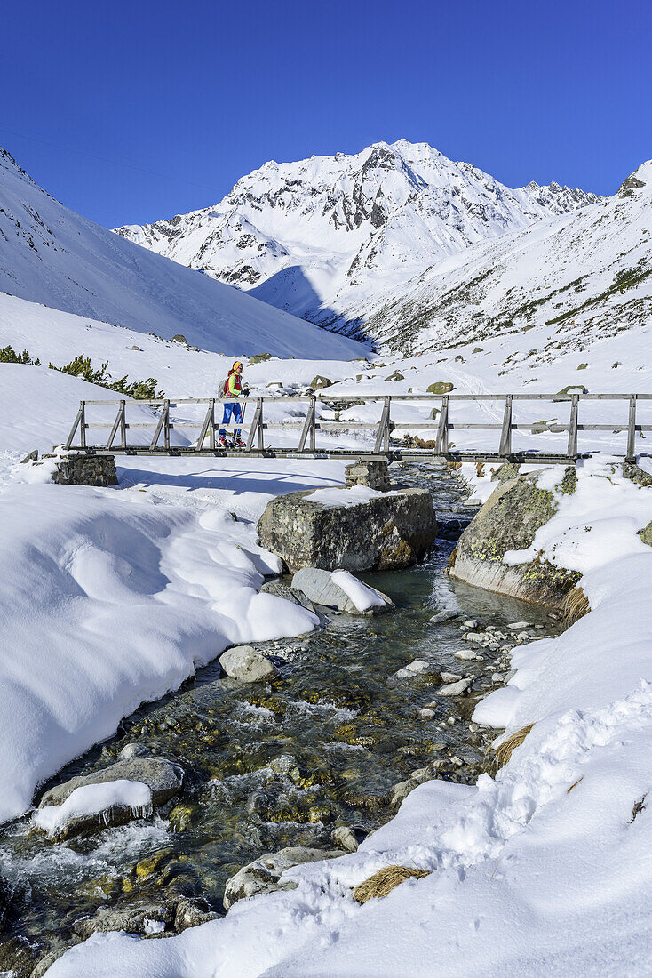 Woman back-country skiing crossing bridge towards hut Westfalenhaus, Hoher Seeblaskogel in background, Hoher Seeblaskogel, Sellrain, Stubai Alps, Tyrol, Austria