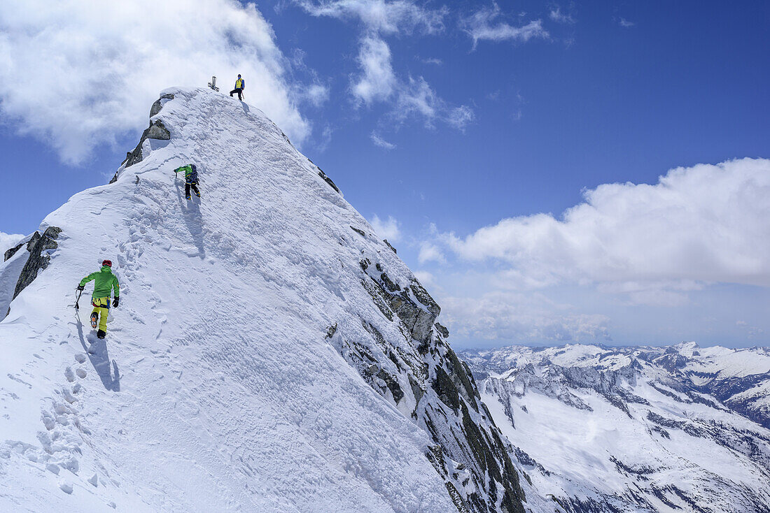 Three persons back-country skiing ascending on steep slope to Care Alto, Care Alto, Adamello group, Lombardia, Italy