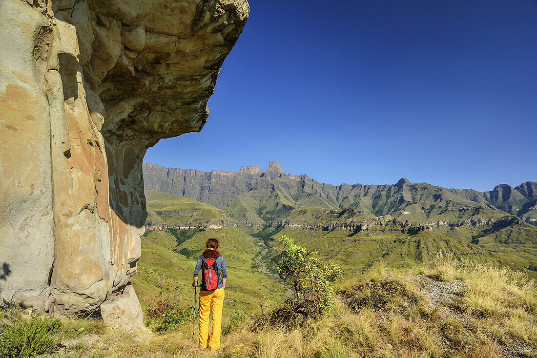 Frau beim Wandern blickt auf Amphitheatre mit Sentinel, Tugela Valley, Amphitheatre, Royal Natal, Drakensberge, uKhahlamba-Drakensberg Park, UNESCO Welterbe Maloti-Drakensberg-Park, KwaZulu-Natal, Südafrika