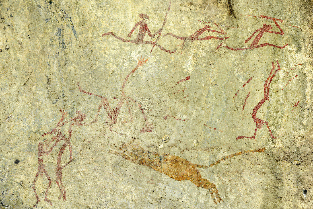 Cave art of San bushmen, Doreen Falls, Cathedral Peak, Mlambonja Wilderness Area, Drakensberg, uKhahlamba-Drakensberg Park, UNESCO World Heritage Site Maloti-Drakensberg-Park, KwaZulu-Natal, South Africa