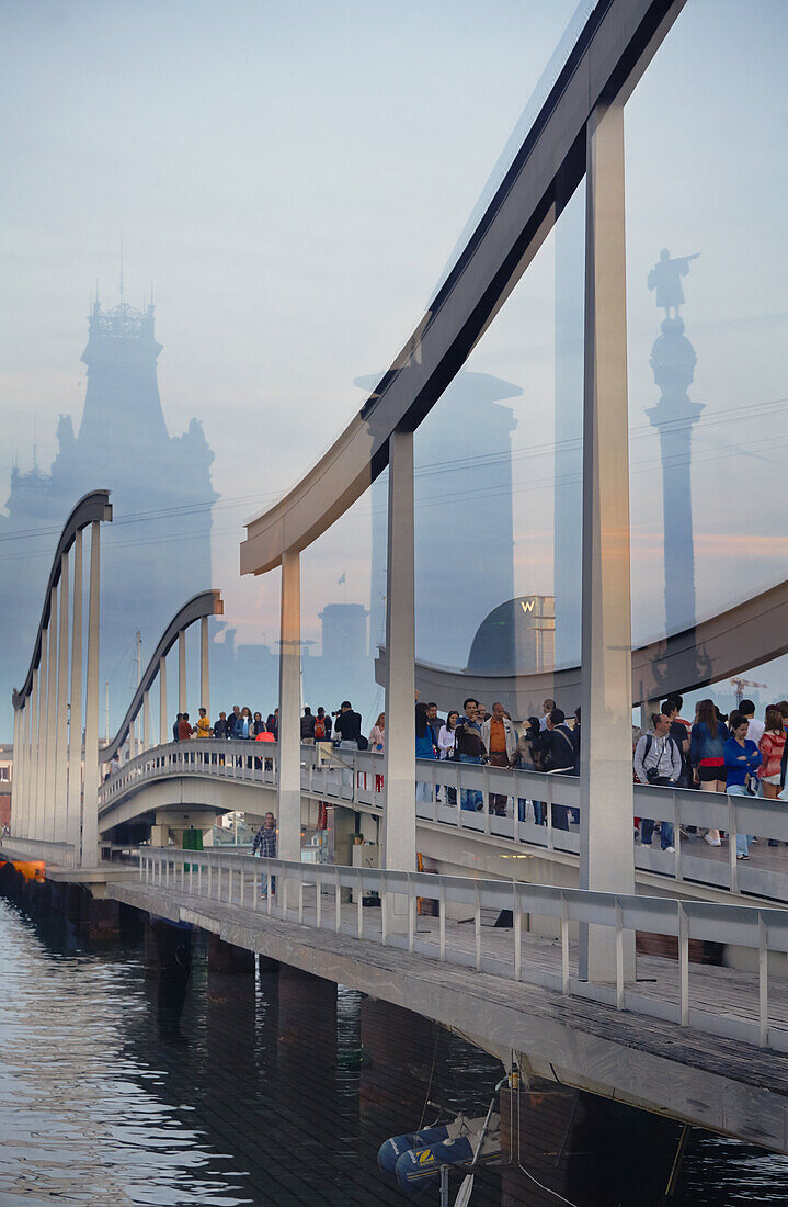 '''Rambla del Mar'''' footbridge to Maremagnum area, Barcelona harbour, Port Vell district, Catalonia, Spain.'''