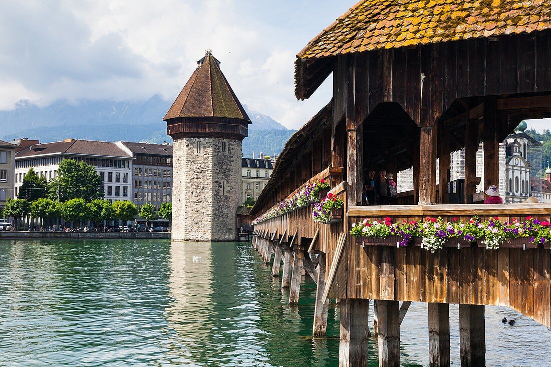 The Wasserturm on the Kapellbrucke in Lucerne, Switzerland.