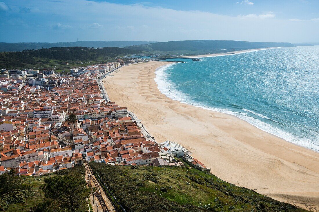 View of Praia from Sitio. Nazaré, Leiria District, Portugal, Europe.