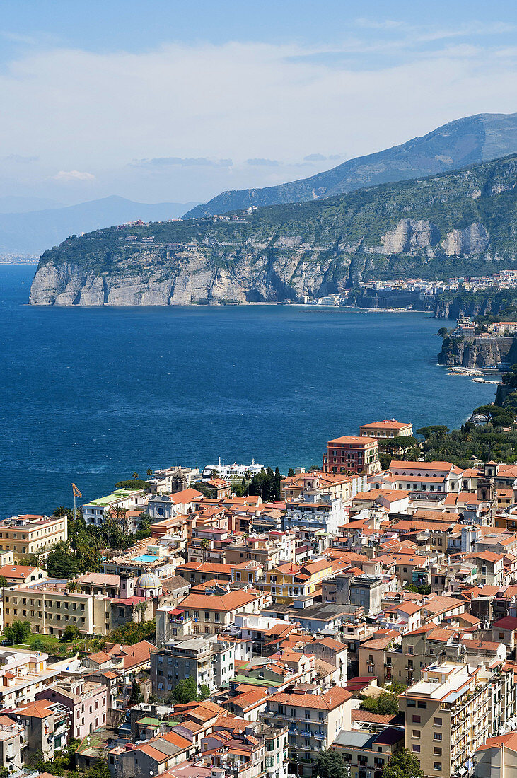 Sorrento. Italy. Aerial view of Sorrento and the Bay of Naples with Mount Vesuvius in the background (left).