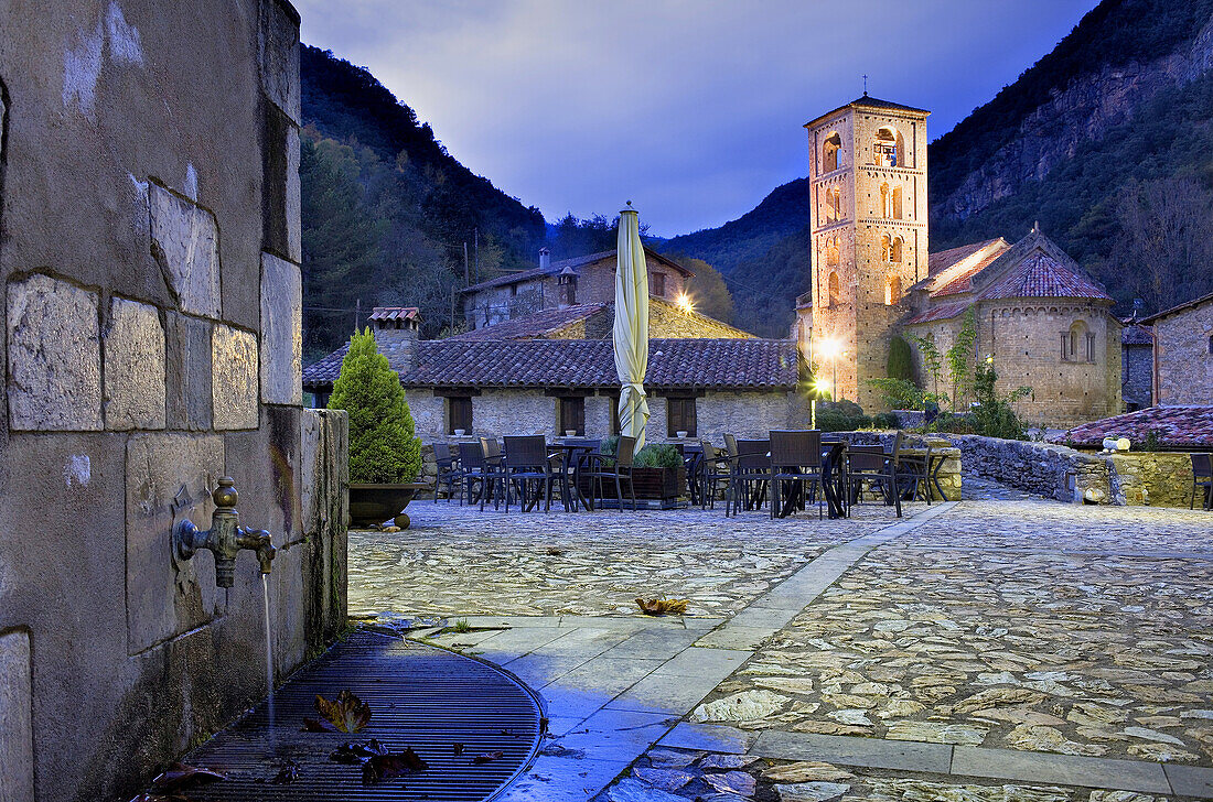 At right Romanesque church of Sant Cristòfol (s. XII), Beget. Garrotxa, Girona, Catalonia, Spain.