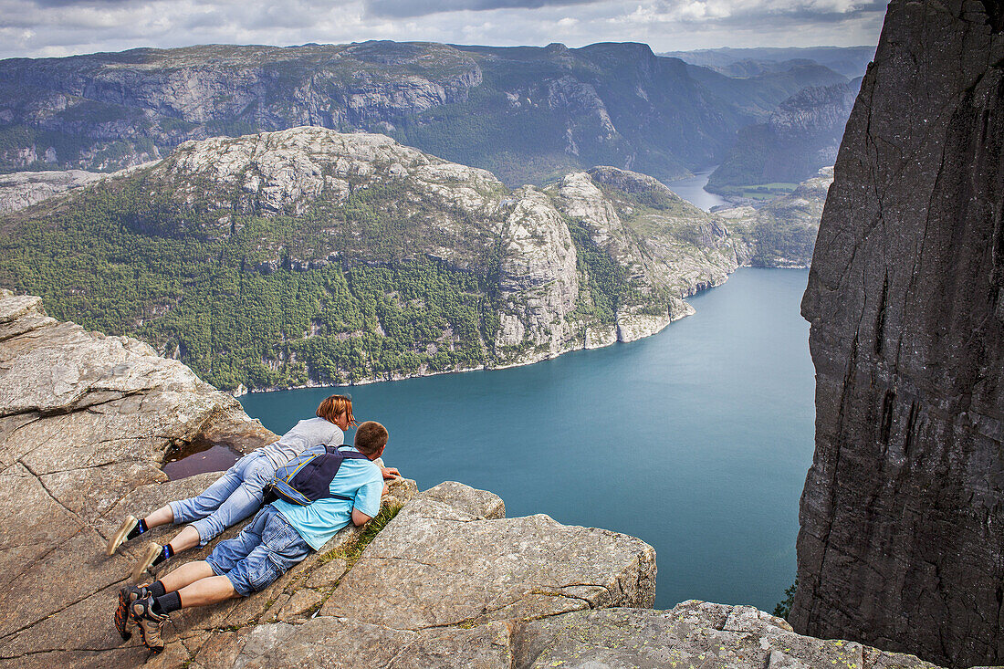 Preikestolen, Pulpit Rock, 600 meters over LyseFjord, Lyse Fjord, in Ryfylke district, Rogaland Region, It is the most popular hike in Stavanger area, Norway.