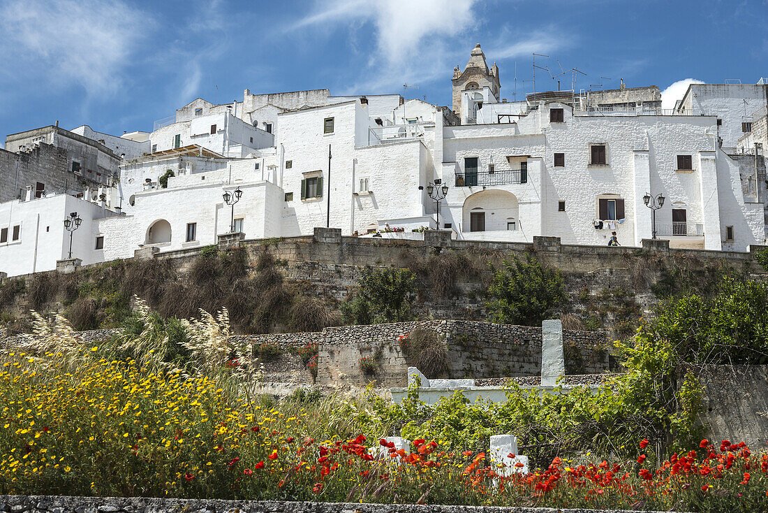 Looking up at the old whitewashed town of Ostuni in Puglia, Southern Italy.
