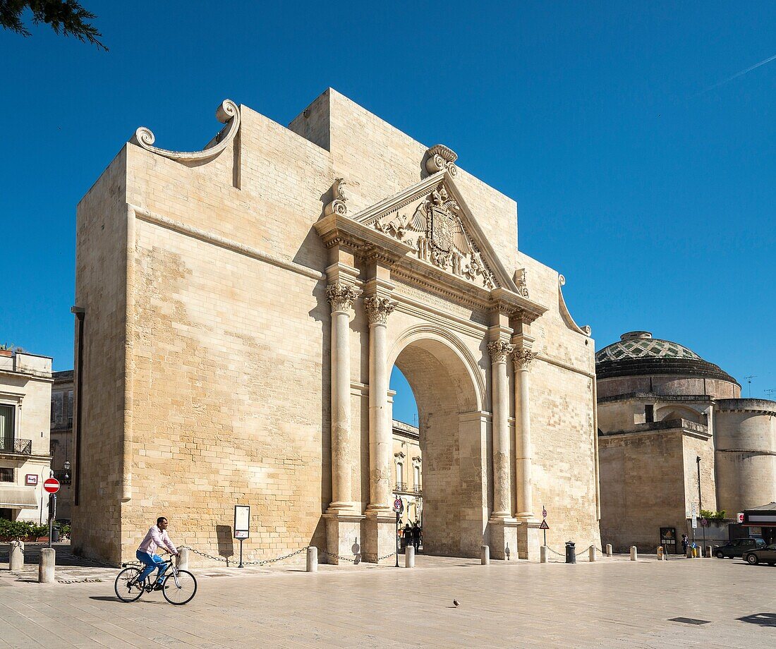 The Porta Napoli (1548) on the junction of Via Palmieri and Via Adua in Lecce, Puglia, Italy.