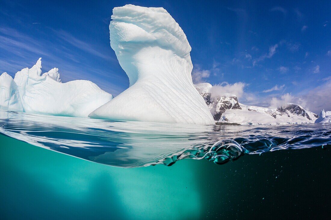 Iceberg detail above and below water at Danco Island, Errera Channel, Western side of the Antarctic Peninsula, Antarctica.