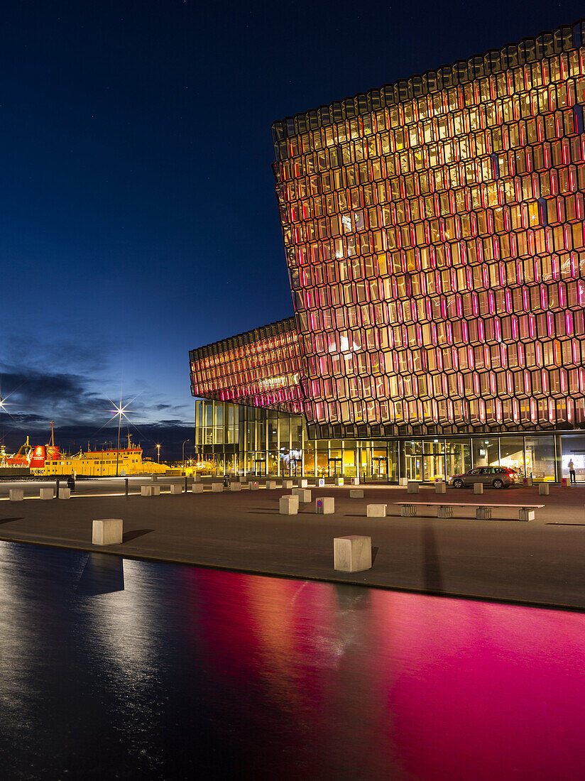 Reykjavik, Harpa, the new convert hall and conference center (inaugurated in 2011), night shot. The buidling is considered to be one of the new architectural icons of Iceland. europe, northern europe, iceland, February.
