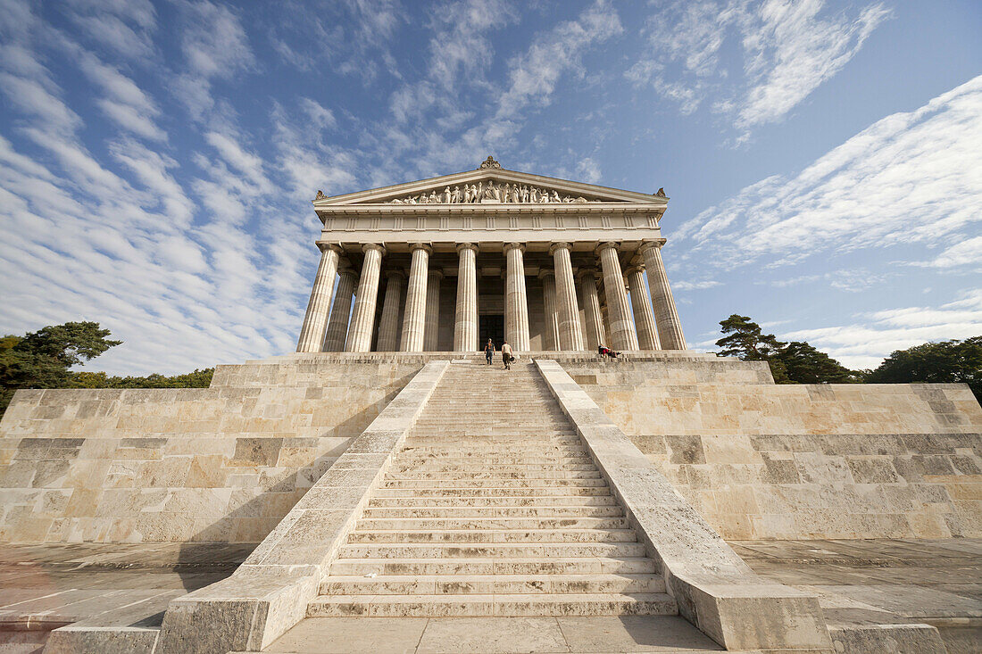 greek style neo-classical building of the Walhalla memorial above the Danube River, east of Regensburg, Bavaria, Germany, Europe.
