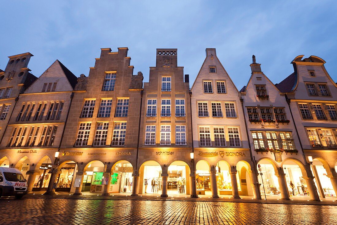 Gabled houses on Prinzipalmarkt street at night, Münster, North Rhine-Westphalia, Germany, Europe.
