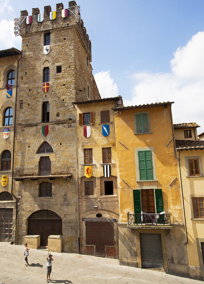 Joust of the Saracen tournament decoration, Piazza Grande, Big Square, medieval square, Arezzo, Tuscany, Italy, Europe.