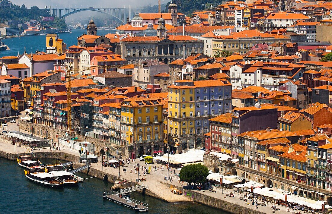 On background Arrábida bridge, Picture take from Luís I or Luiz I Bridge, Cais da Ribeira Street, Douro river, Porto, Portugal, Europe.
