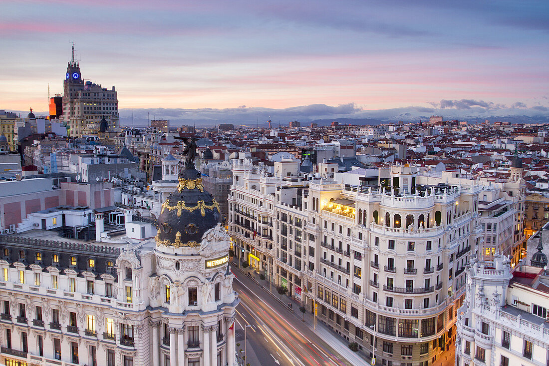 Aerial view of Metropolis building in Gran Vía, and panoramic view of Madrid, Spain.