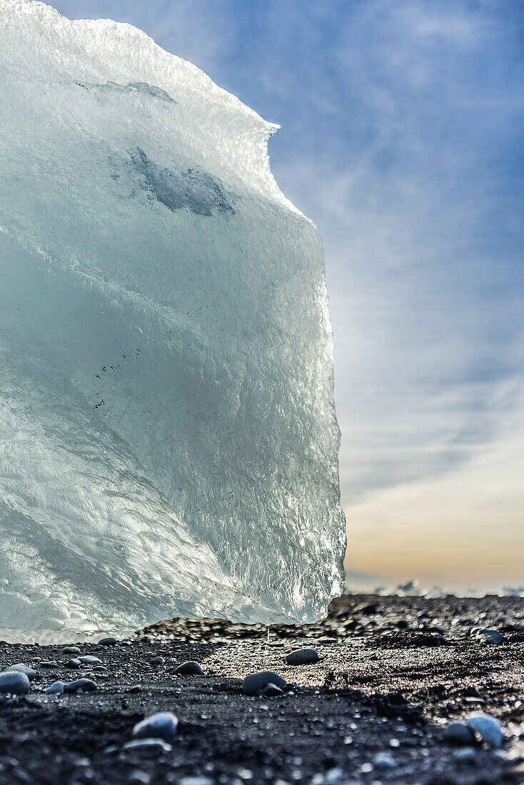 Close-up of stranded small icebergs on Jokulsarlon beach shore. Iceland.