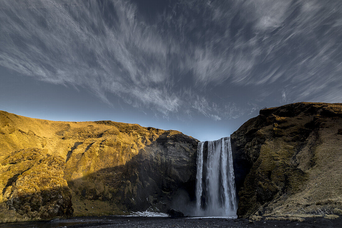 Skogafoss waterfall during the winter morning, Southern Iceland.