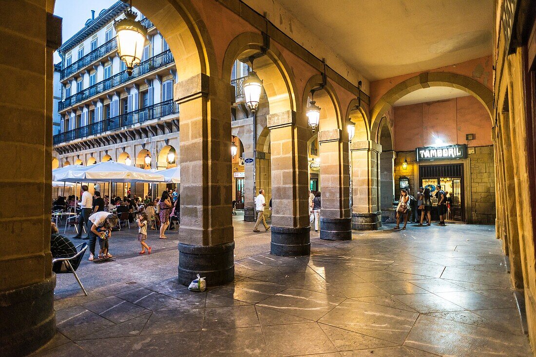 Constitución Square. Old town of San Sebastián by night. Donostia, Basque Country, Spain.