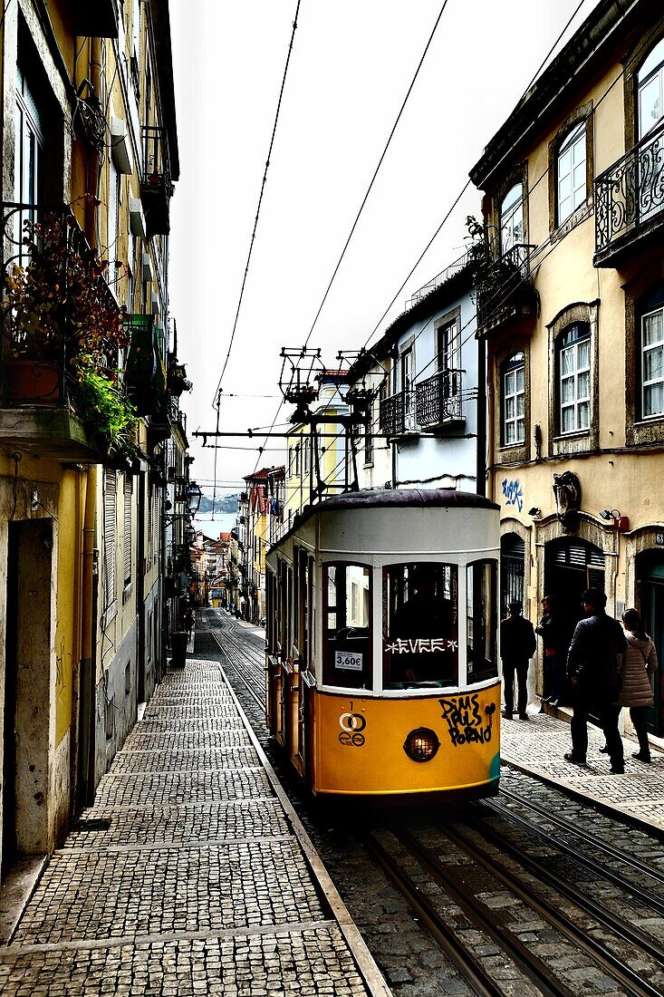 Bica cable car in Bairro Alto in the morning, Lisbon. Portugal.