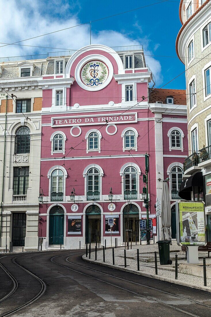 Trindade Theatre facade, Chiado, Lisbon, Portugal.
