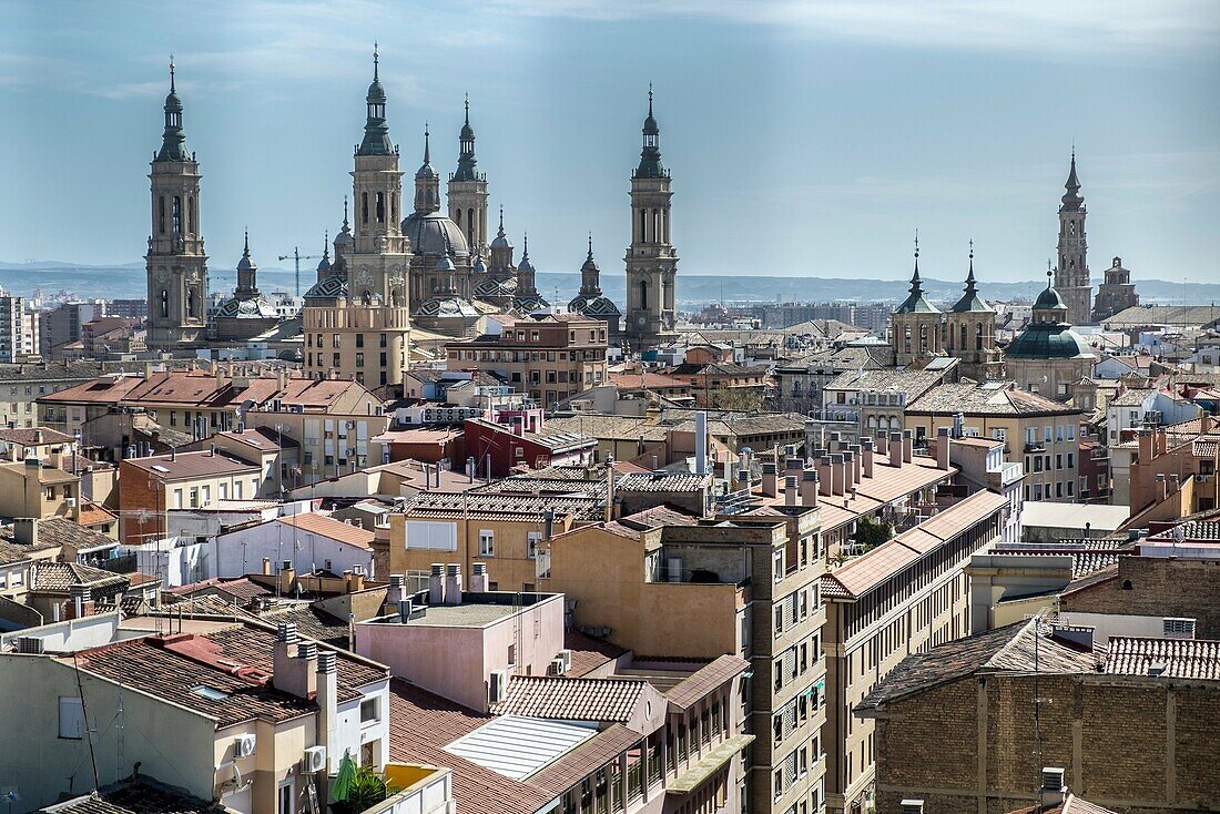 Panoramic views of Old town of Zaragoza with Basilic of Our Lady background, Zaragoza, Aragon, Spain.
