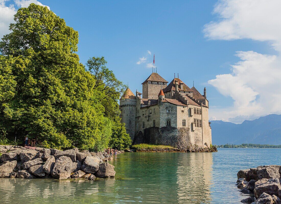 Veytaux, Vaud Canton, Switzerland. Chateau de Chillon on shore of Lake Geneva (Lac Leman).