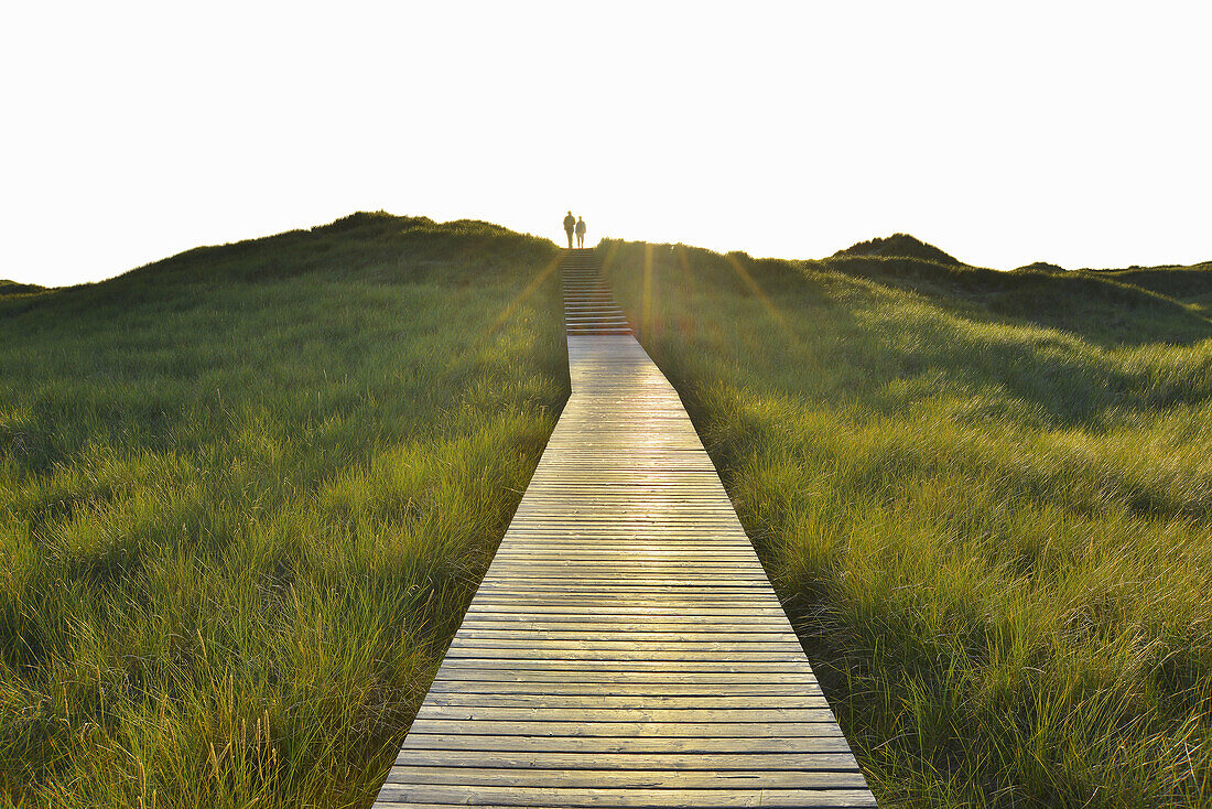 Wooden Walkway through Dunes with Couple, Sun, Summer, Norddorf, Amrum, Schleswig-Holstein, Germany.