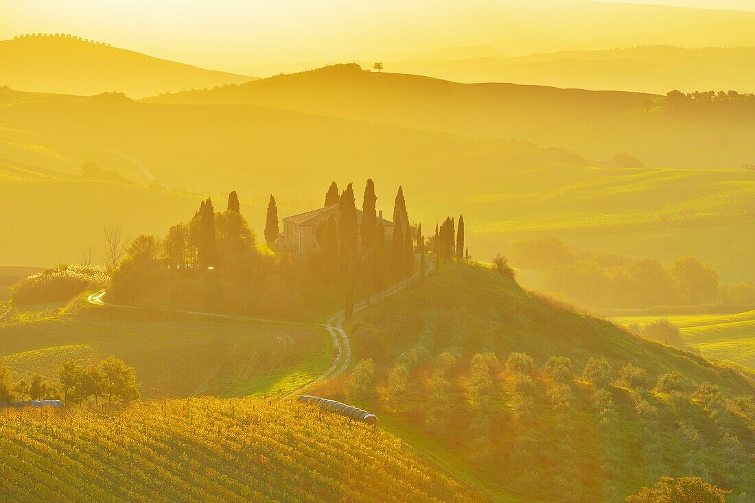 Tuscany Countryside with Farmhouse at Sunrise, San Quirico d´Orcia, Val d´Orcia, Provinz Siena, Tuscany, Italy.
