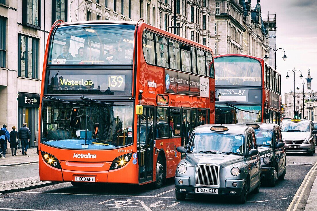 Traditional red bus and street. London, England, United kingdom, Europe.