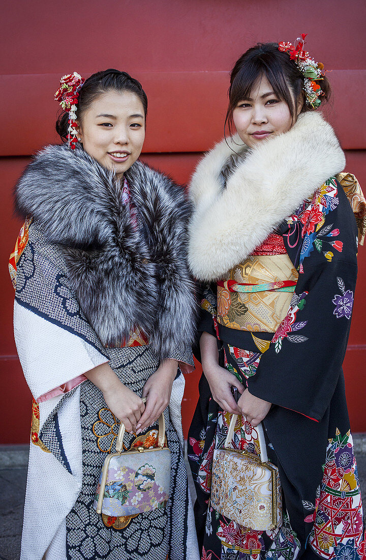 Women in furisode kimono, Seijin no hi day, celebration of the coming of age, second Monday of January, in Asakusa Senso-ji Temple, Tokyo, Japan.