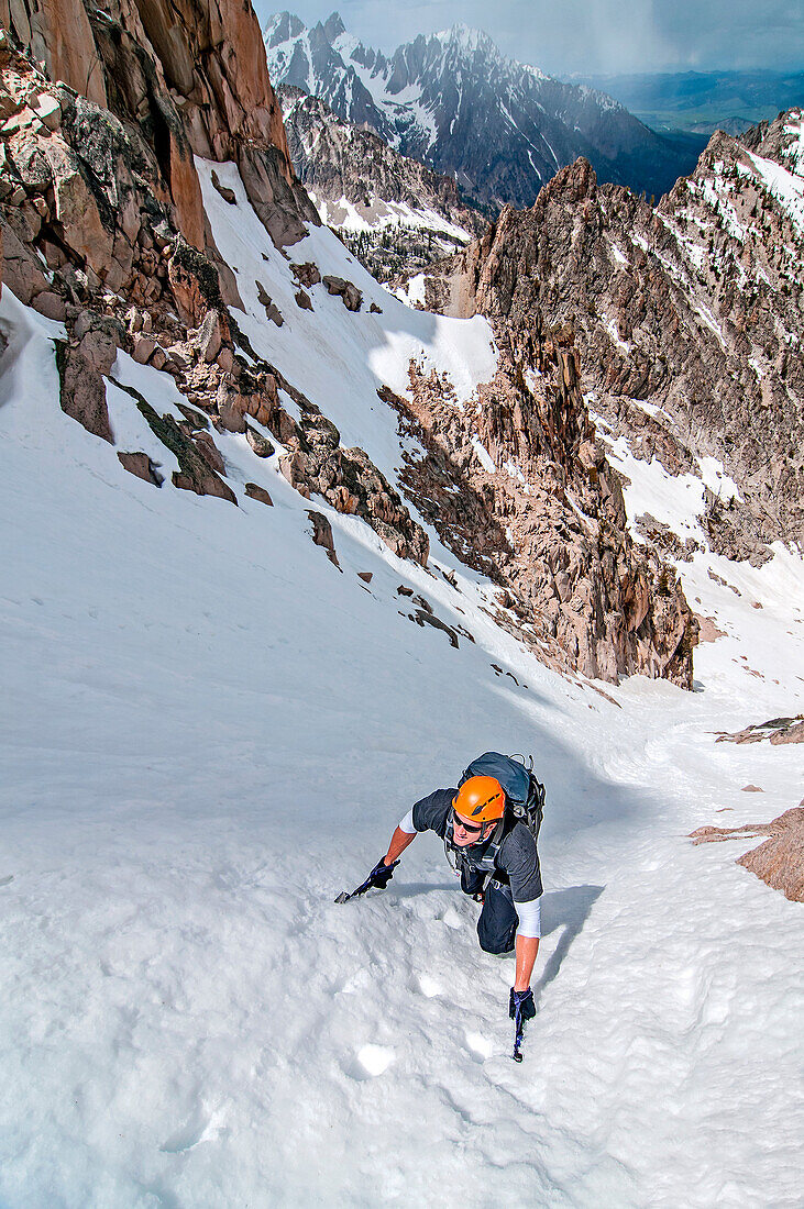 climbing the Petzoldt Couloir on Mount Heyburn high in the Sawtooth Mountains of central Idaho.