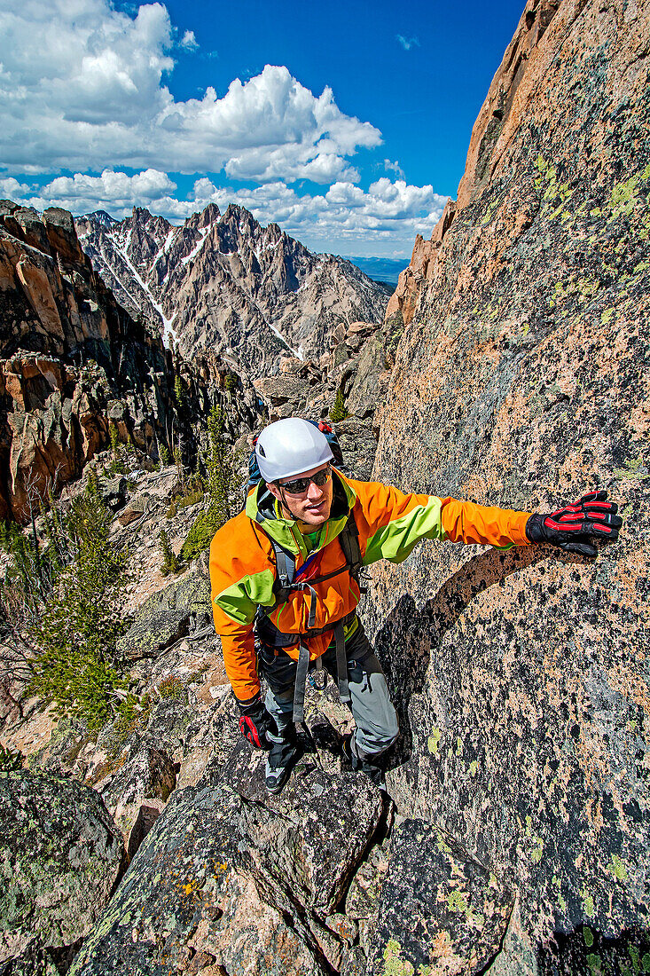 climbing the Chockstone Couloir, AKA the Boy Scout Couloir an alpine route which is rated Grade 3, Class 4 and located on The Grand Mogul in the Sawtooth Mountains in central Idaho.