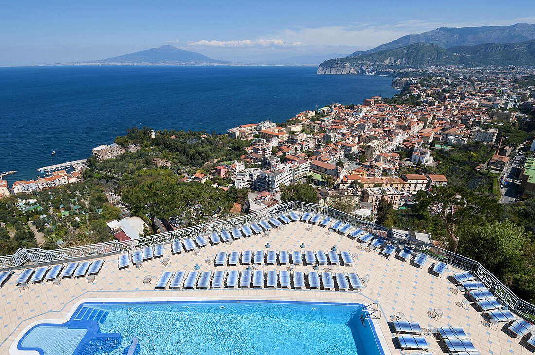 Sorrento. Italy. View from the Grand Hotel Presidente across Sorrento & the Bay of Naples with Mount Vesuvius in the background.