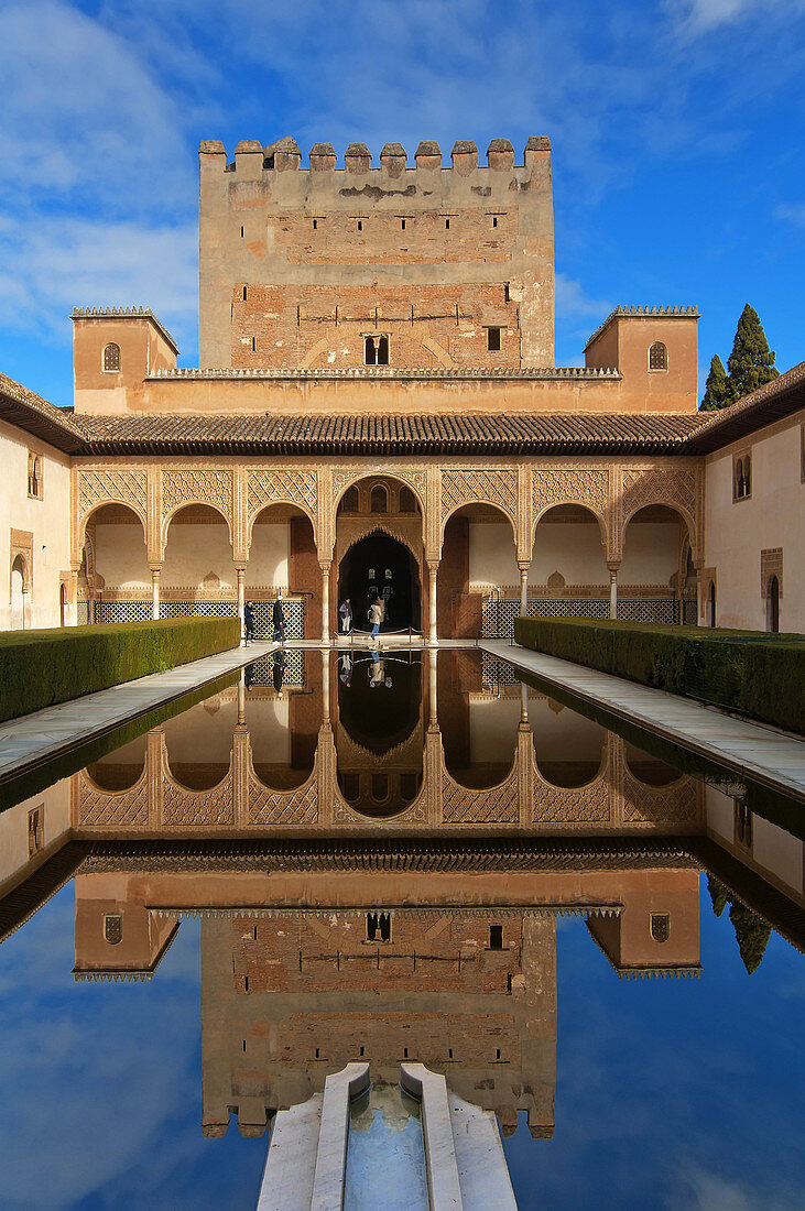 Court of the Myrtles and Comares Tower, The Alhambra, Granada, Region of Andalusia, Spain, Europe.