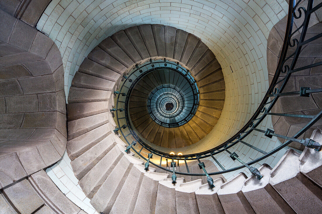 cast iron spiral staircase, interior, lighthouse, Eckmühl, Penmarch, Pointe de Sainte-Pierre, Finistère, Brittany, France