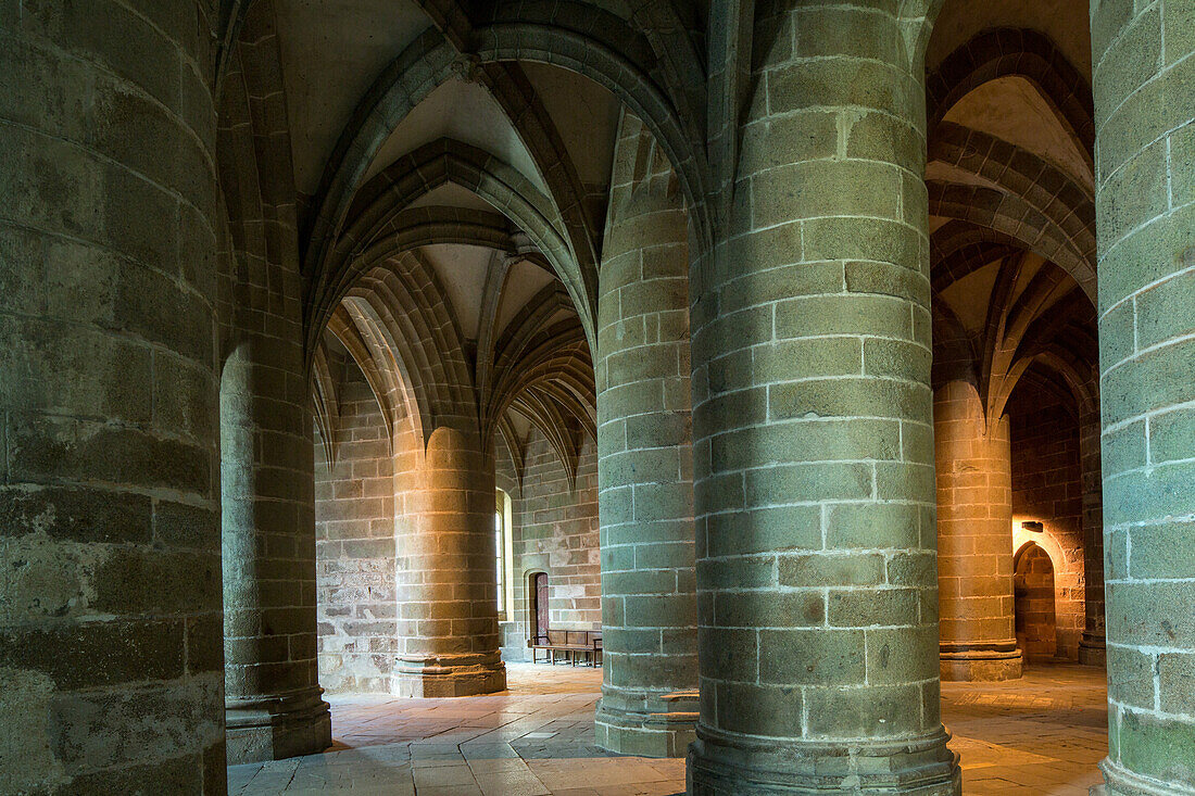 pillared crypt, monastery, Abbey Mont-Saint-Michel, Unesco World Heritage, Site, Normandy, France
