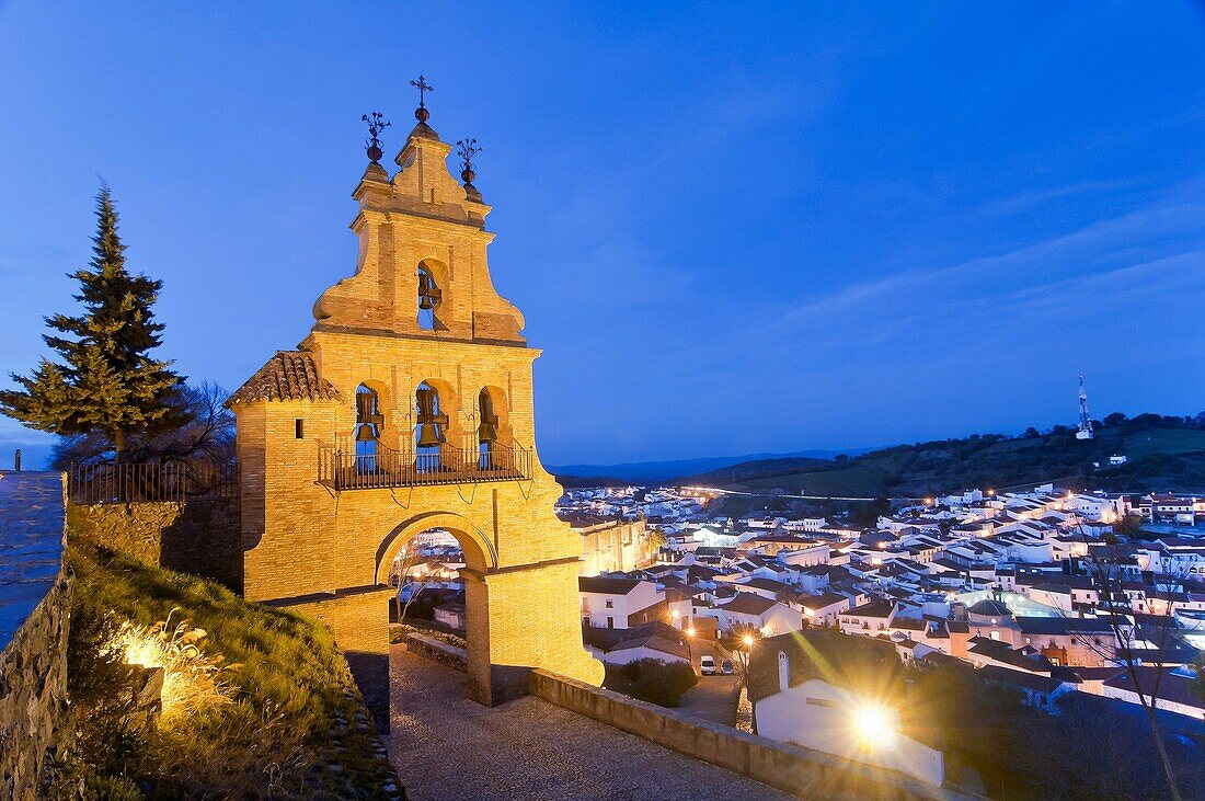 Belfry gate of the castle and village at dusk, Aracena, Huelva province, Region of Andalusia, Spain, Europe.