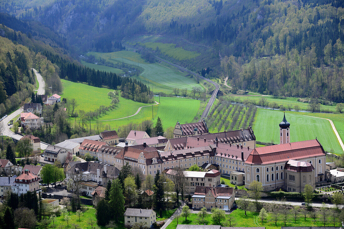 view from Spaltfels to the abbey Beuron, Upper Danubia valley,  Baden-Wurttemberg, Germany