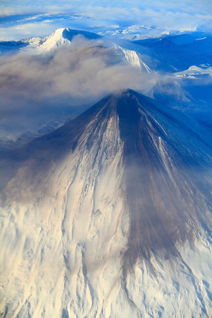 Russia, Kamchatka Peninsula, volcano, aerial view,.